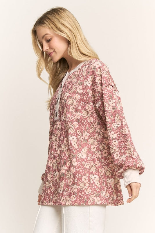 Marsala Floral Rib Knit Button Henley Top