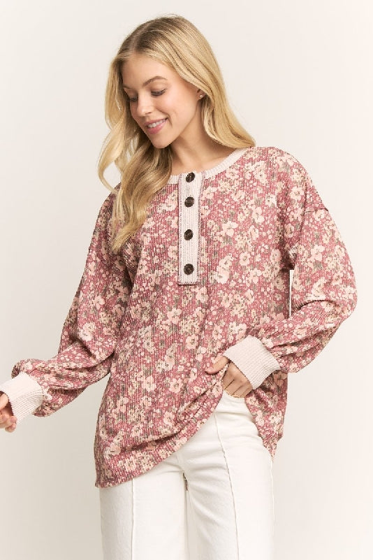 Marsala Floral Rib Knit Button Henley Top
