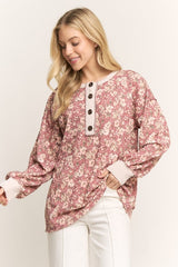 Marsala Floral Rib Knit Button Henley Top