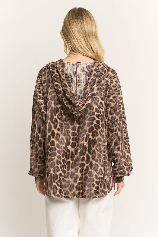 Taupe Brown Leopard Rib Knit Hoodie Top