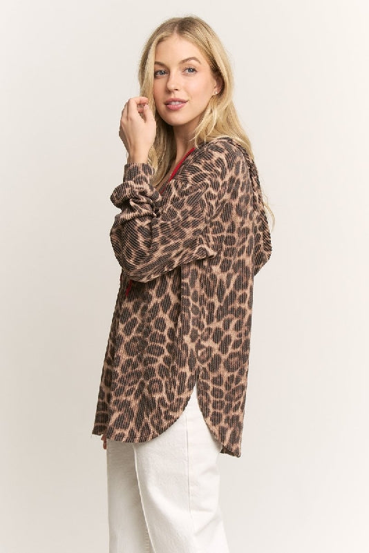 Taupe Brown Leopard Rib Knit Hoodie Top