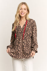 Taupe Brown Leopard Rib Knit Hoodie Top