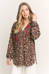 Taupe Brown Leopard Rib Knit Hoodie Top