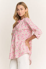 Pink Floral Urban Rib Roll-Tab Sleeve Mandarin Collar Top