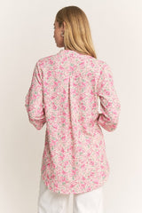 Pink Floral Urban Rib Roll-Tab Sleeve Mandarin Collar Top