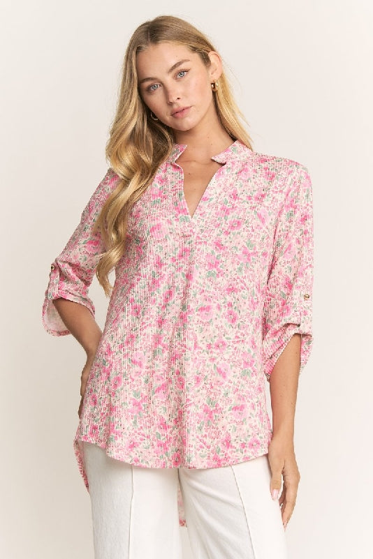 Pink Floral Urban Rib Roll-Tab Sleeve Mandarin Collar Top