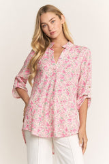 Pink Floral Urban Rib Roll-Tab Sleeve Mandarin Collar Top