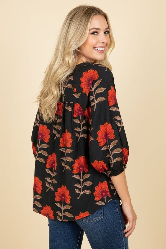 Black Floral Print Split V-Neck Blouse – 3/4 Sleeve