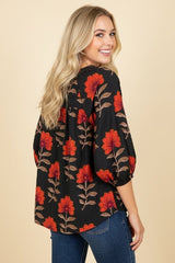 Black Floral Print Split V-Neck Blouse – 3/4 Sleeve