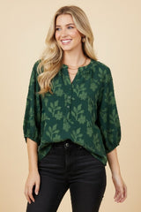 Plus Size Floral Textured Henley Blouse - Hunter Green