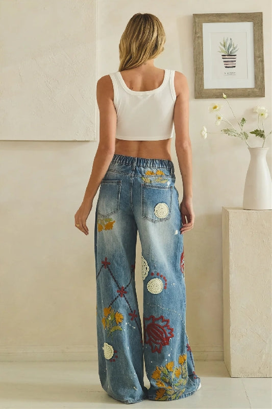 Oli & Hali Washed Embroidery Applique Wide Leg Denim Jeans - Denim