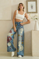 Oli & Hali Washed Embroidery Applique Wide Leg Denim Jeans - Denim