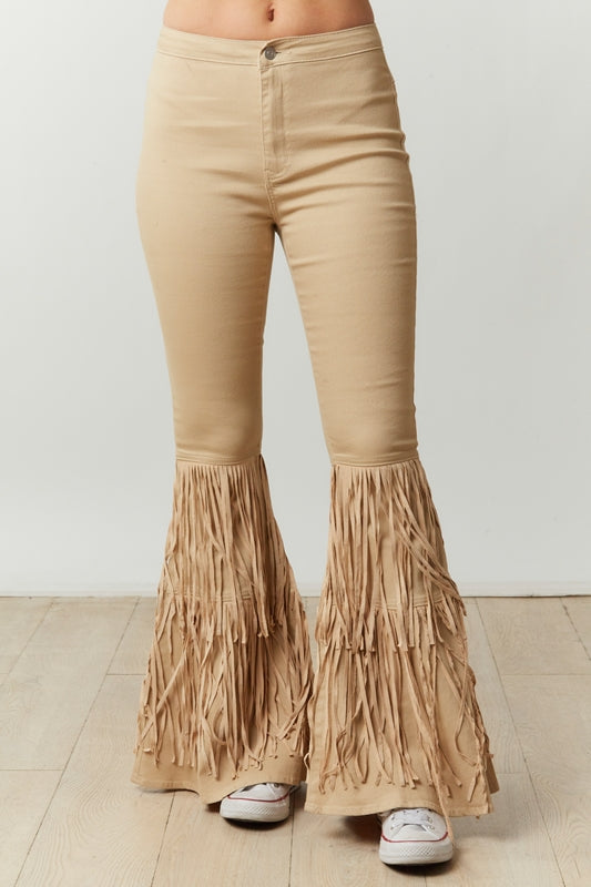 Tiered Fringe Flare Denim Pants - Taupe
