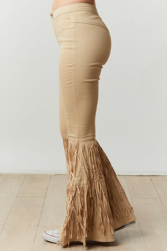Tiered Fringe Flare Denim Pants - Taupe