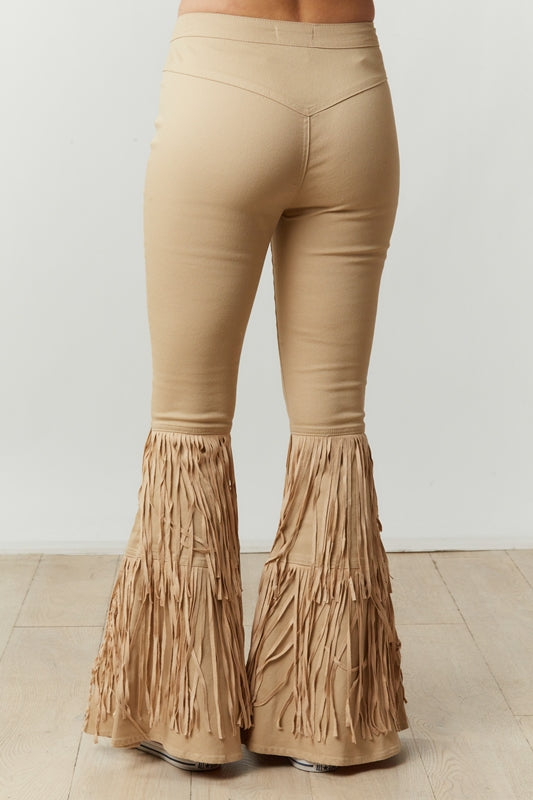Tiered Fringe Flare Denim Pants - Taupe