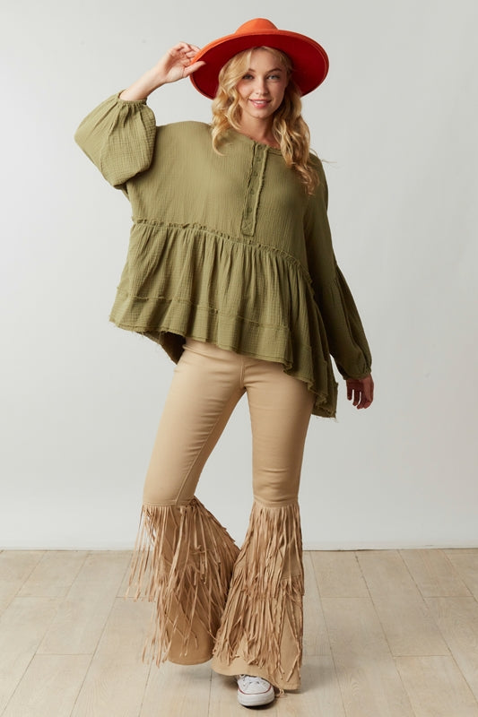 Tiered Fringe Flare Denim Pants - Taupe