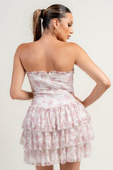 Flocking Mesh Print w/ Pearl String Ruffle Hem Mini Dress - Pink