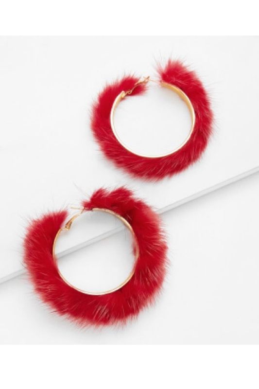 Faux Fur Pierced Hoop Earrings - Black/ Fuchsia/ Red