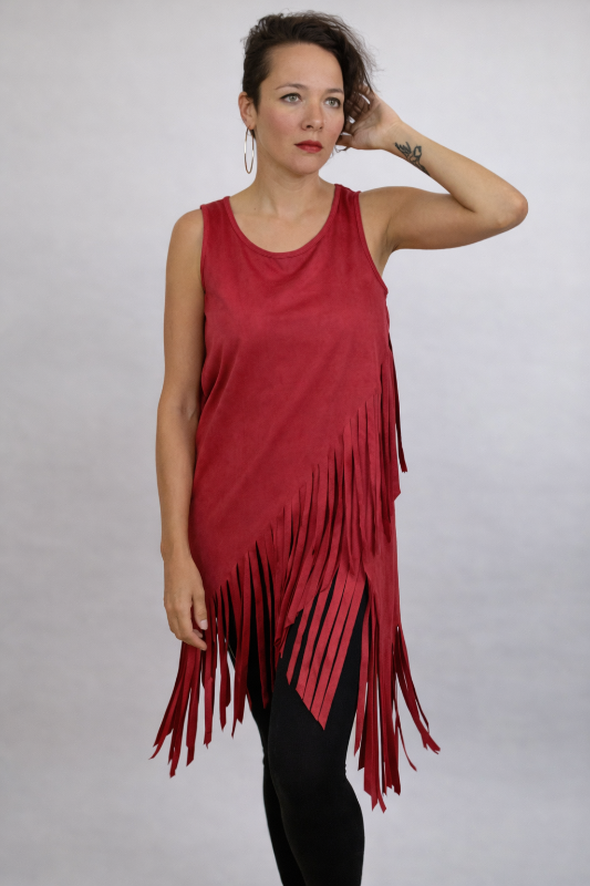 Mon Ami Faux Suede Hippie Fringe Top - Red