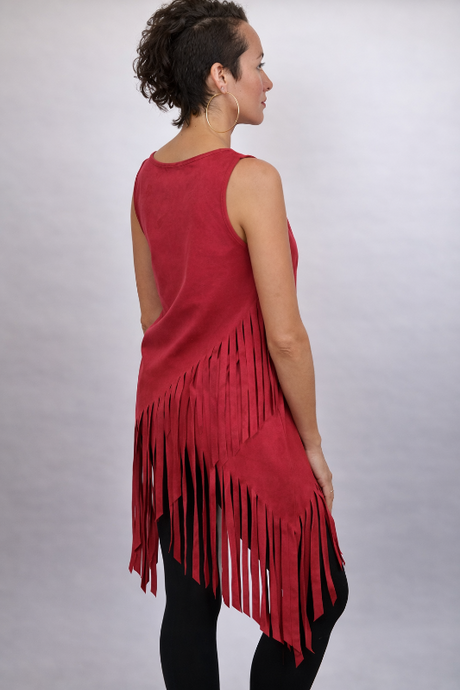 Mon Ami Faux Suede Hippie Fringe Top - Red