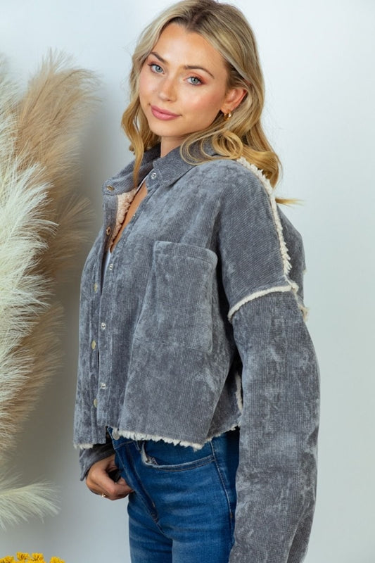 White Birch Corduroy Sherpa Crop Shacket - Charcoal