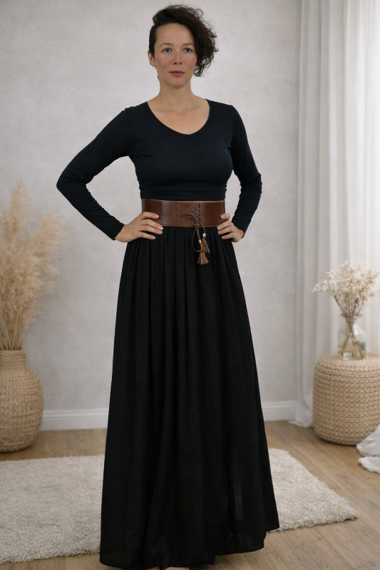 Semi-Sheer Lace Stripe Maxi Skirt with Wide Waist Belt - Black