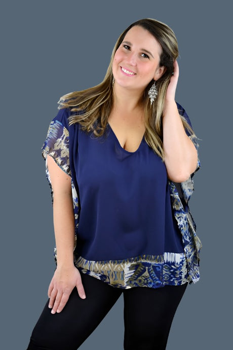 Janette Plus Print Kimono Blouse - Navy