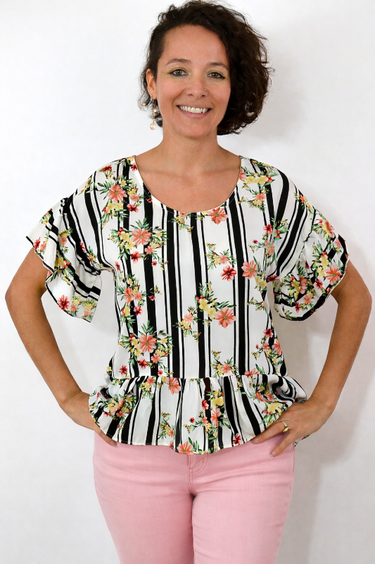 Womens Floral Stripe Hi-Low Blouse – Ruffle Sleeve Boutique Top Made in USA