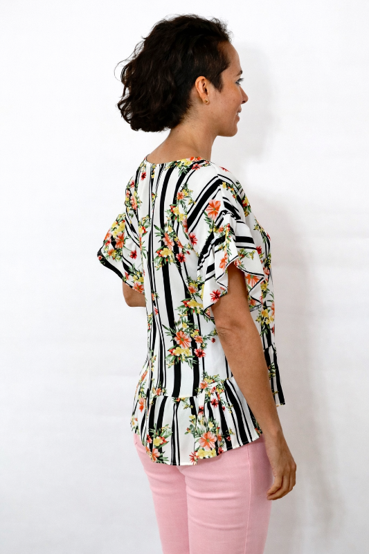 Womens Floral Stripe Hi-Low Blouse – Ruffle Sleeve Boutique Top Made in USA