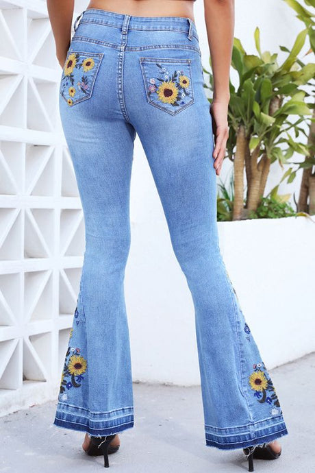 Sunflower Summer Embroidered Denim Skinny Jeans - Blue