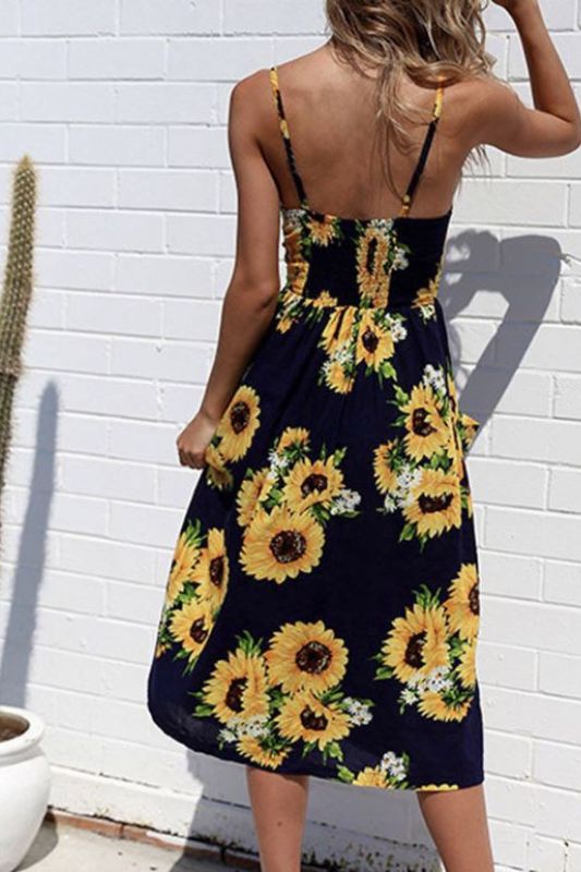 Sunflower Print Navy Midi Dress with Pockets & Smocked Back