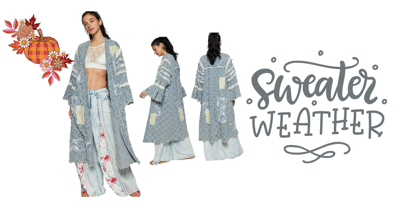 Woman wearing a gray cardigan with floral patterns and sweater Weather text banner