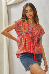 Savanna Jane Aztec Print and Embroidery Blouse - Red