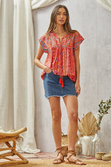 Savanna Jane Aztec Print and Embroidery Blouse - Red