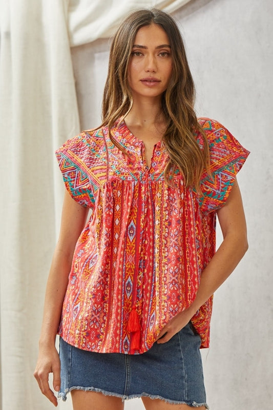 Savanna Jane Aztec Print and Embroidery Blouse - Red