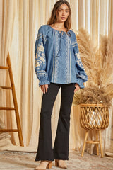 Savanna Jane Cotton Embroidered Blouse - Denim