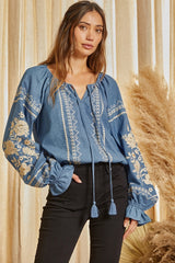 Savanna Jane Cotton Embroidered Blouse - Denim