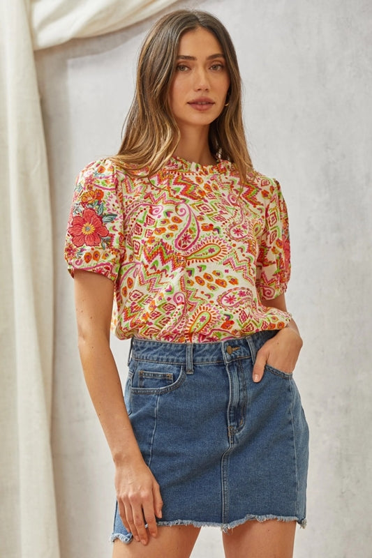 Savanna Jane Paisley & Embroidery Flower Blouse - Ivory Multi