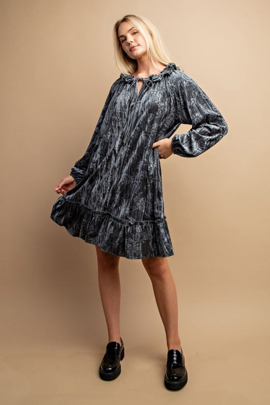 Gigio Roses Embossed Velvet Ruffle Dress - Slate