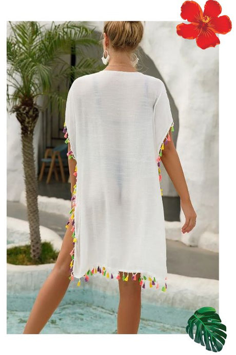 Swim Coverup Tassels and Crochet Accented - Soft White