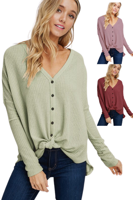 Rachael Waffle Top [Optional Waist Tie] Button Up