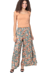 Angie Ditsy Orange Flower Ruffle Hem Pants - Gray