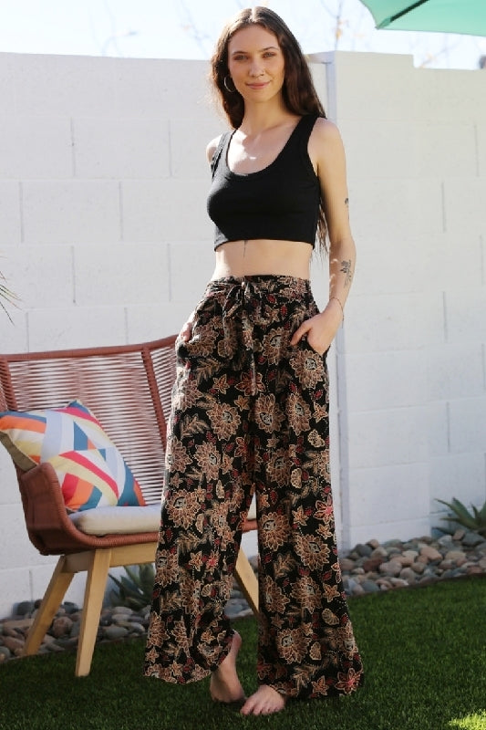 Angie Floral Boho Wide Leg Belted Ankle Pants - Black