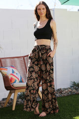 Angie Floral Boho Wide Leg Belted Ankle Pants - Black