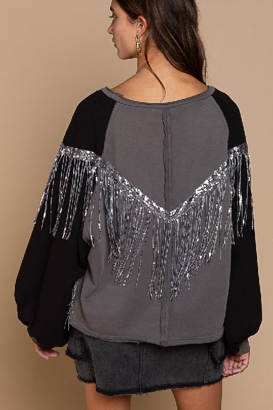 POL French Terry & Shiny Fringe Top - Iron Grey