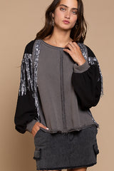 POL French Terry & Shiny Fringe Top - Iron Grey