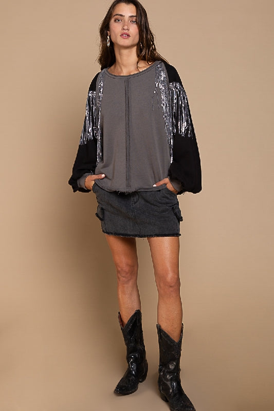 POL French Terry & Shiny Fringe Top - Iron Grey