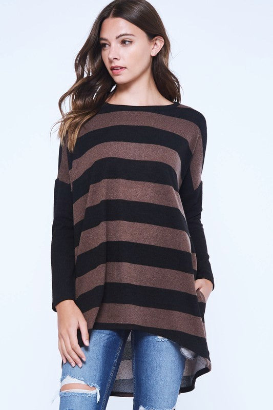 Beeson Hi Lo Stripe Tunic Top - Mocha/Black