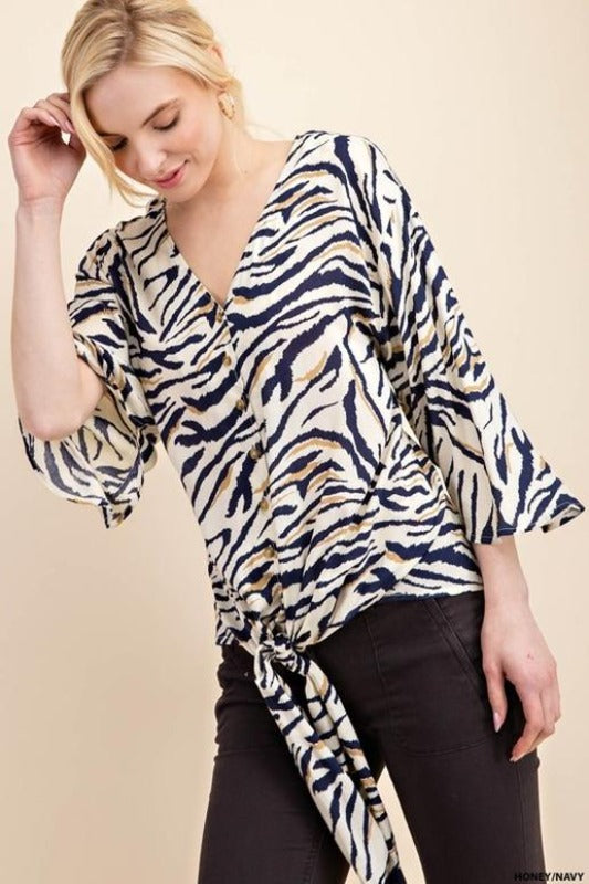 Kori Zebra Button Down Blouse - Hazelnut/Black