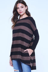 Beeson Hi Lo Stripe Tunic Top - Mocha/Black